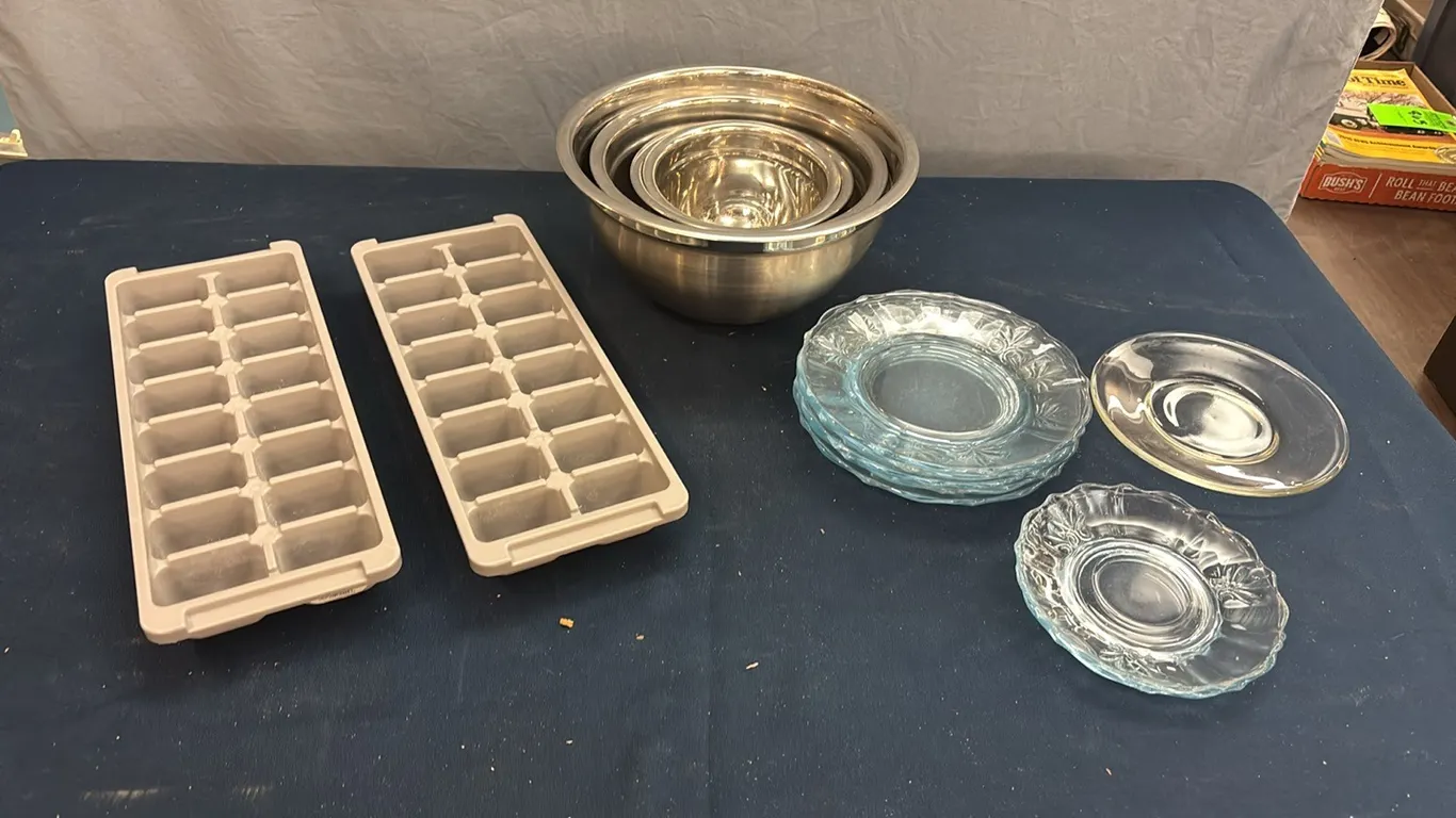 Mini plates, metal mixing bowls, and ice trays