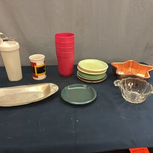 Cups, plates, bowl, and pan