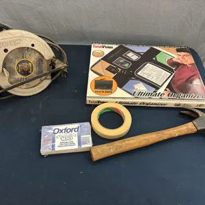 Organizer, circular saw, and hammer