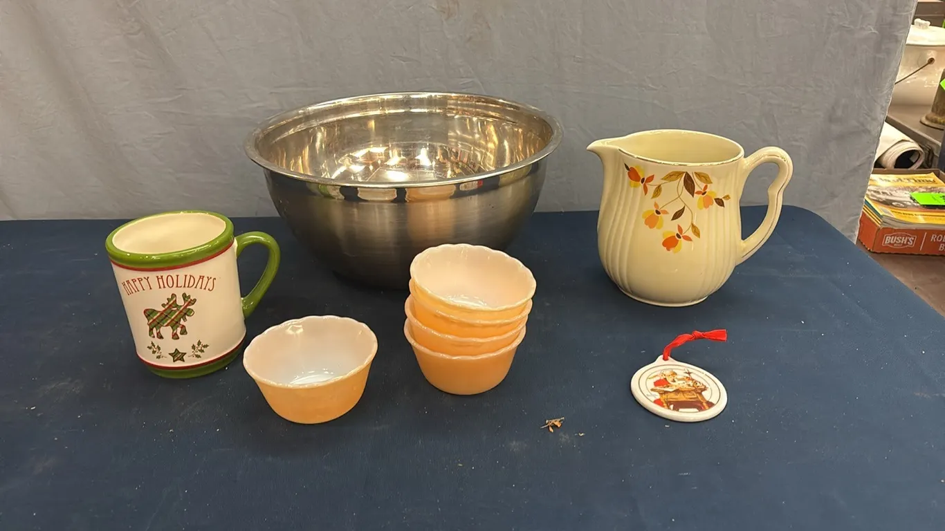 Mixing bowl, fire king bowls, mug, and pitcher