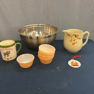 Mixing bowl, fire king bowls, mug, and pitcher