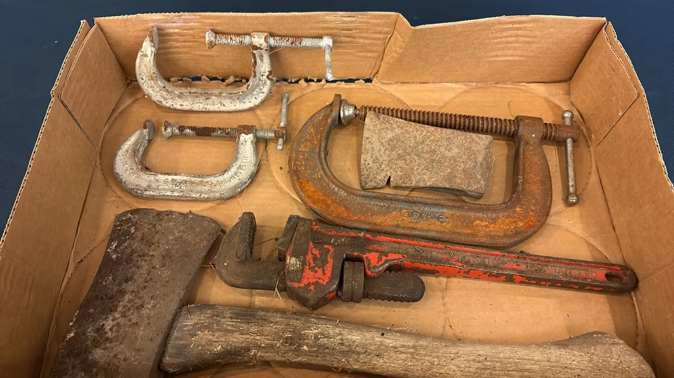 Axe, C Clamps & Pipe Wrench