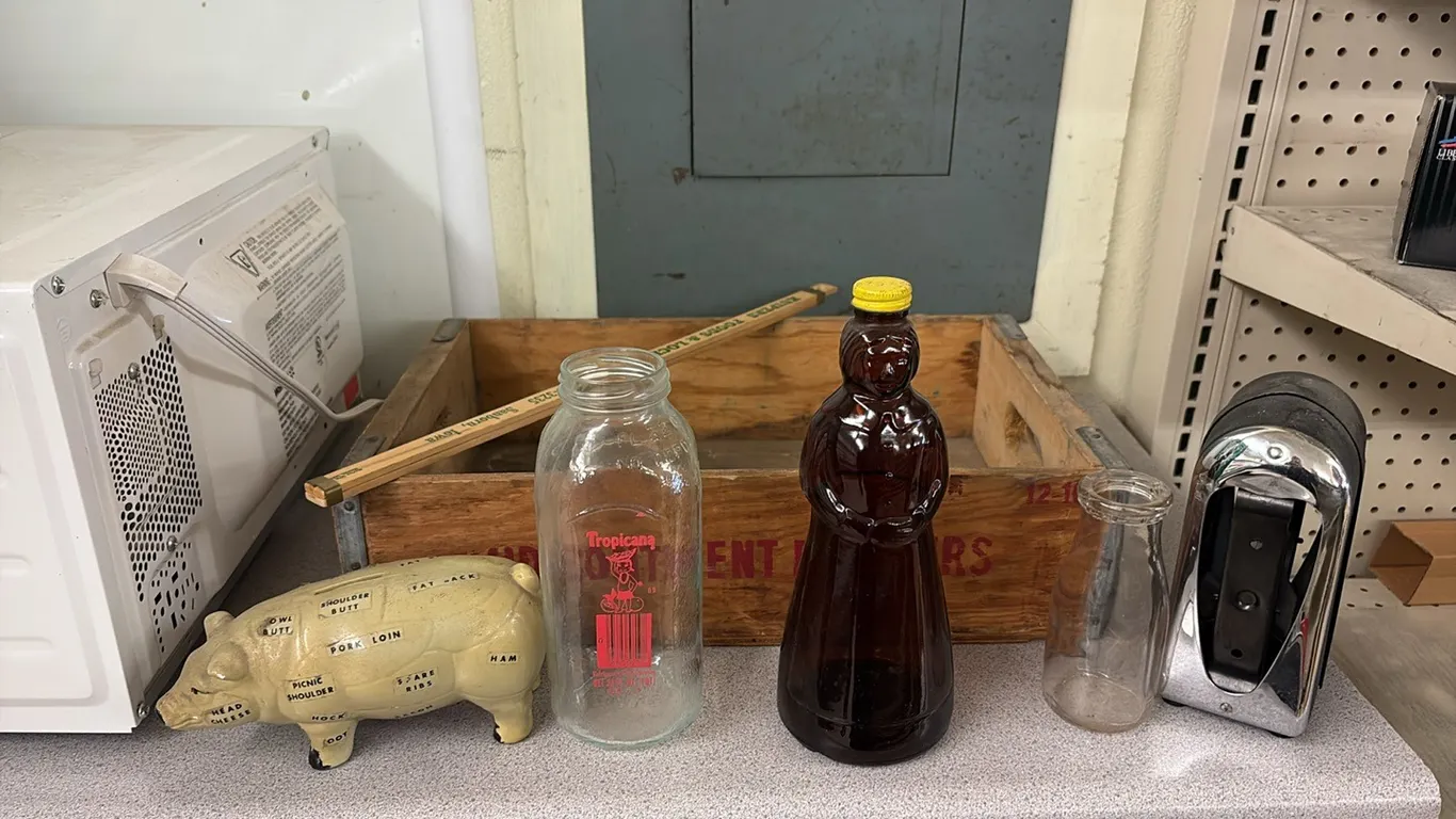 Bottle Crate w/ Jars, Piggy Bank & Collectibles