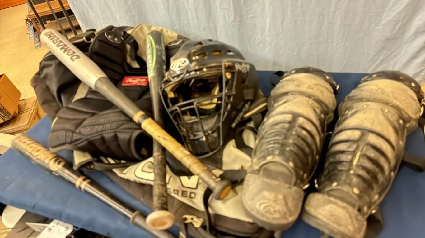 Bag, bats, catchers equipment
