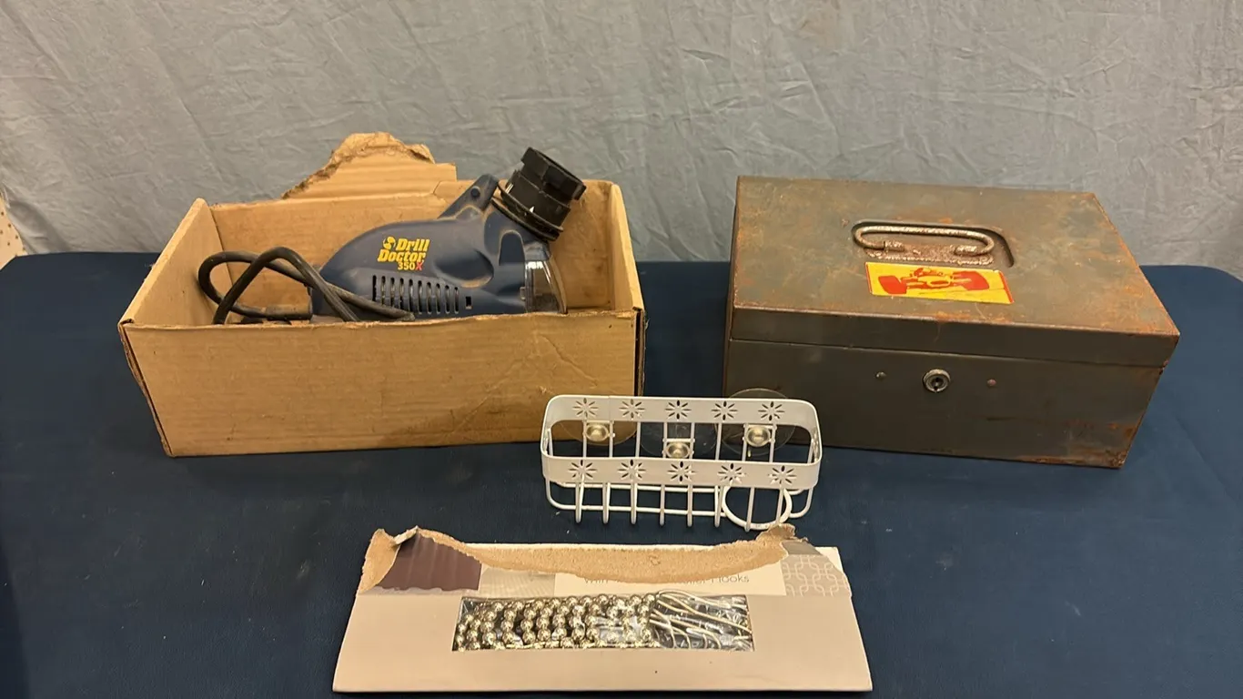 Drill Doctor, Shower Hooks & Metal Box