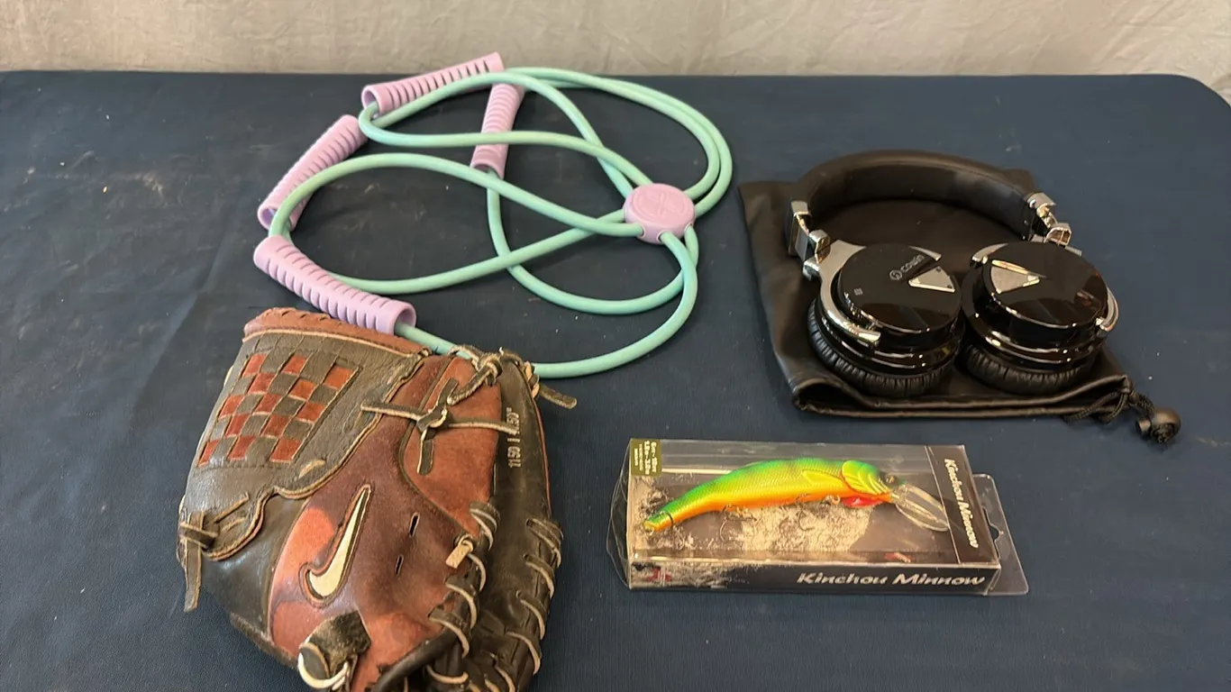 Baseball Glove, Headphones & Fishing Lure