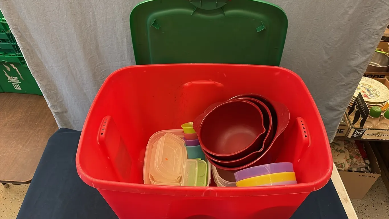Tote of Misc Tupperware & Kitchen Items