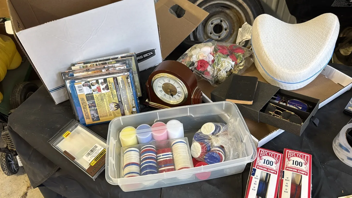 Poker chips, clock, glasses
