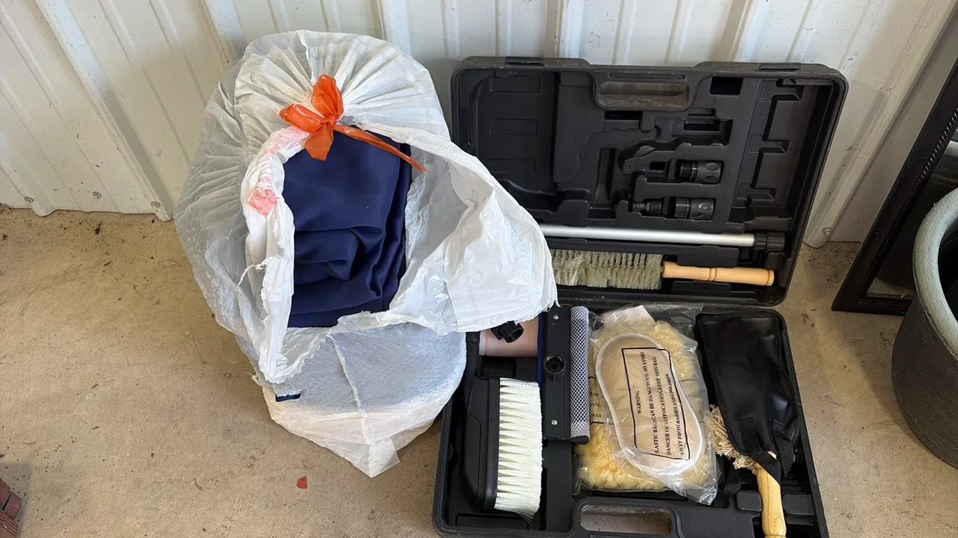 Cleaning Kit & Blue Curtains