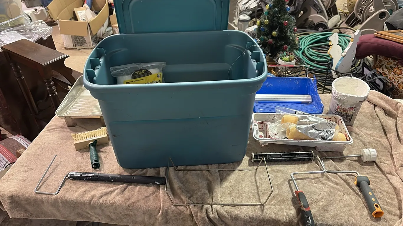 Tote of Paint Supplies