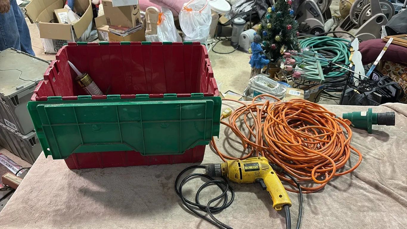 Tote w/ Dewalt Corded Drill & Extension Cords