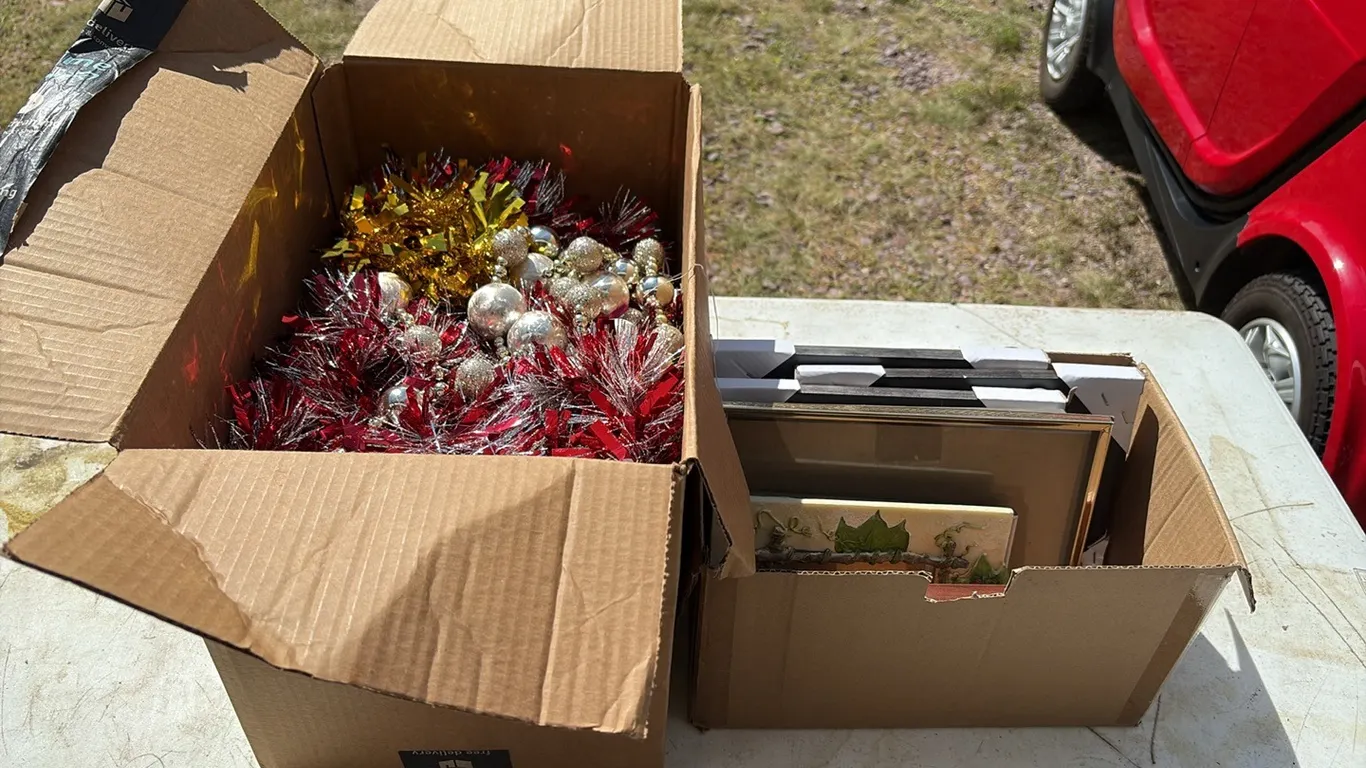 Box of Christmas Decor & Picture Frames