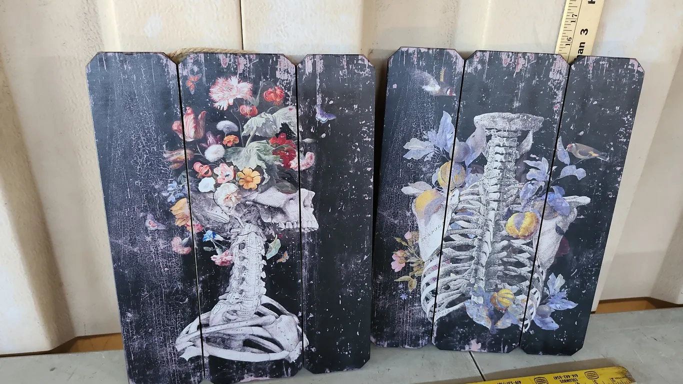 2 New Skeleton Flower Wall Decor, Wood 12"X15.5"