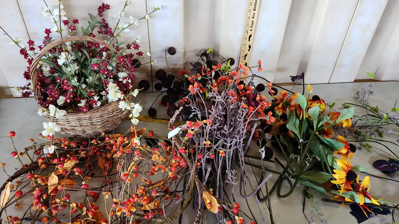 Assorted Artificial Flowers & Basket