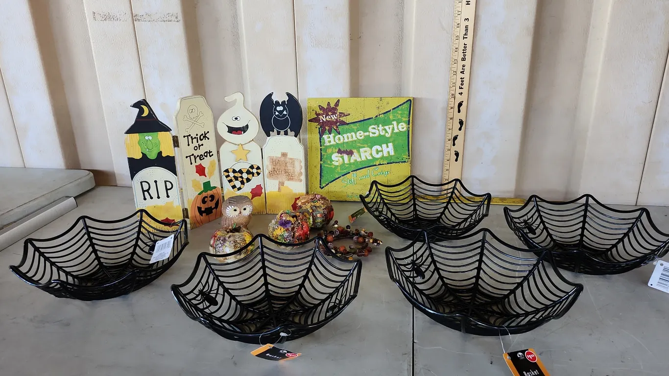 Plastic Spider Web Bowls, Canvas Print, Foam Pumpkins, Etc.