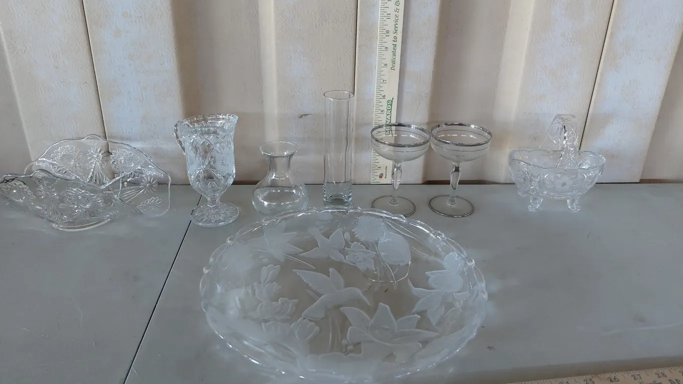 Glass Platter, Banana Dish, Stemware, Basket, Vase, Etc.
