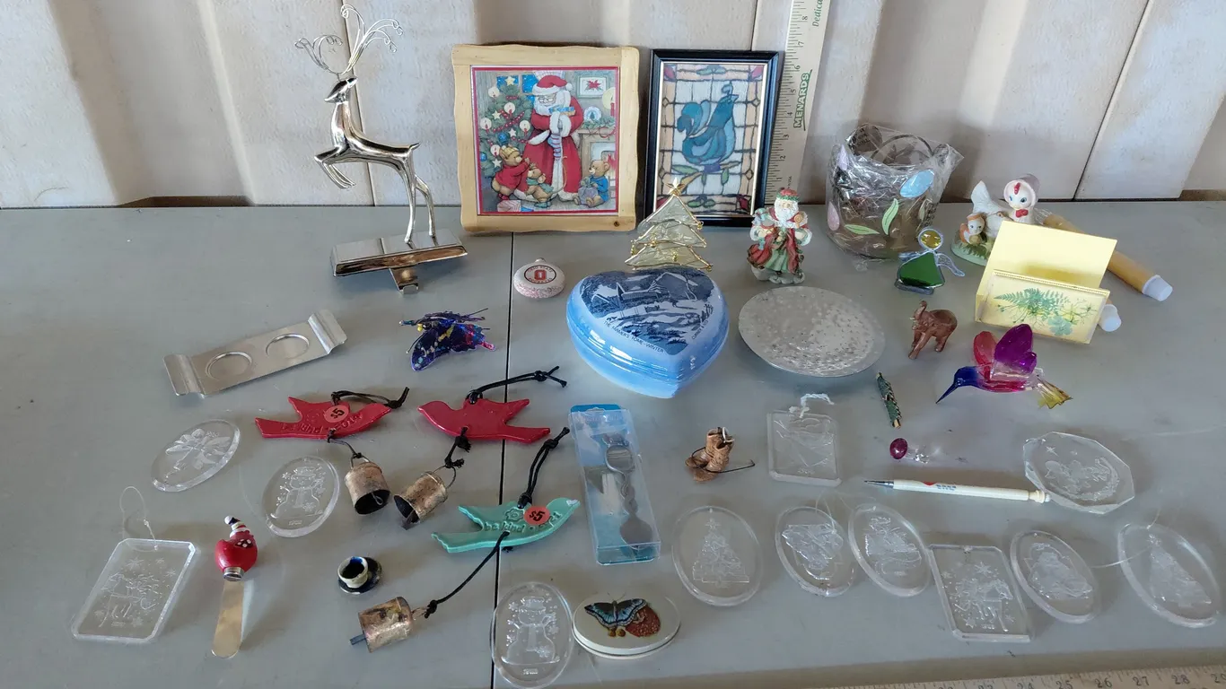 Glass Tree Candle Holder, Ornaments, Deer Stocking Holder, Currier & Ives Heart Trinket Box, Etc.