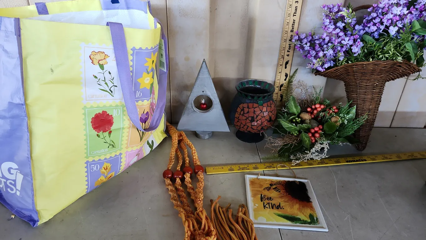 Mosaic Candle Holder, Artificial Flowers, Large Tote Bag, Etc.