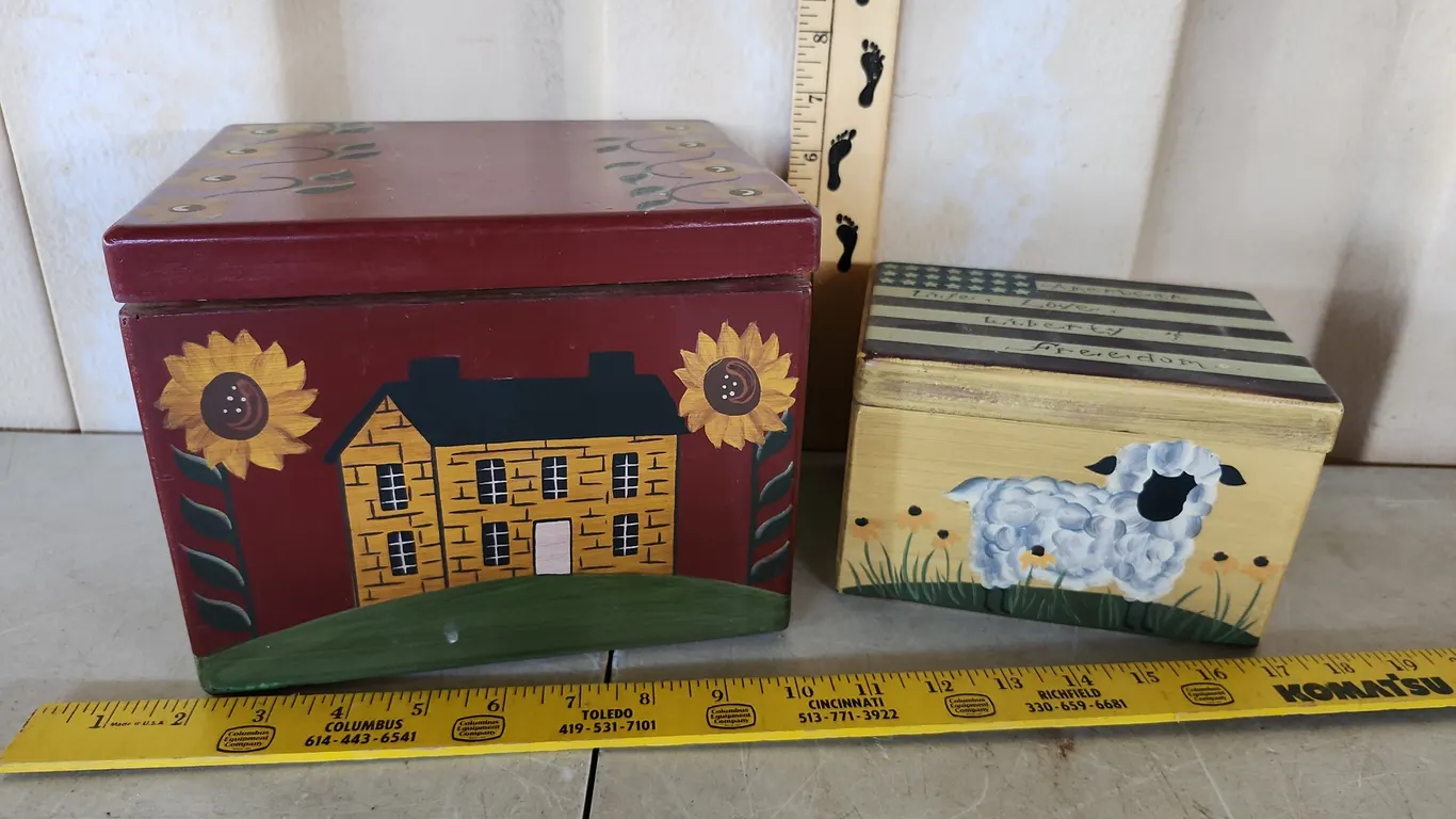 2 Hand Painted Folk Art Wood Decor Boxes, Biggest 8.25"X6.75"X6.5"