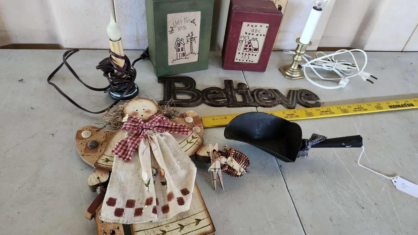 Folk Art Decor-Wood Angel, Electric Candles, Metal Scoop, Cardboard Box, & Metal Believe