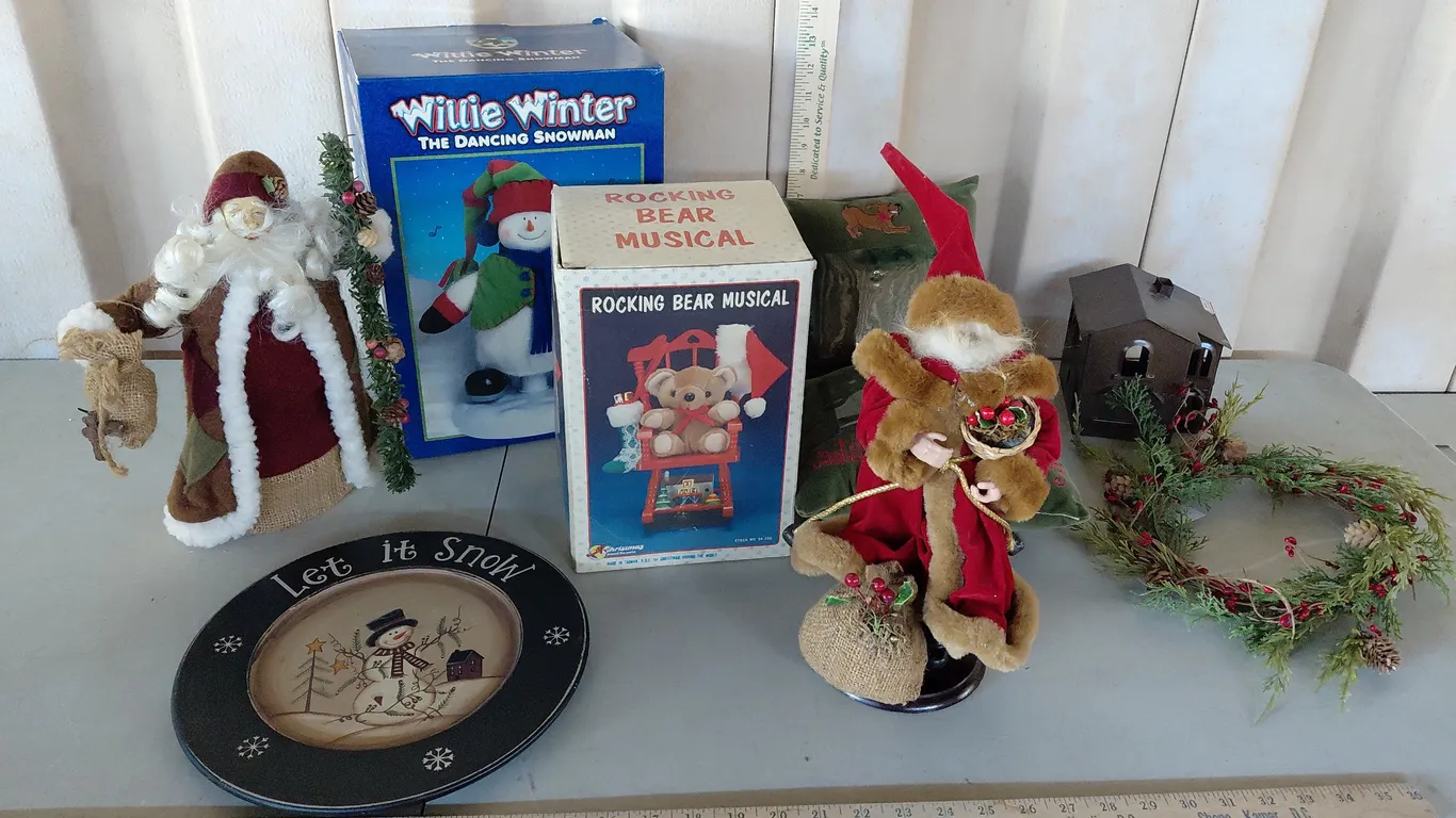 Metal House Candle Cover, Santa Tree Topper, Small Wreath Musical Bear, Willie Winter Dancing Snowma