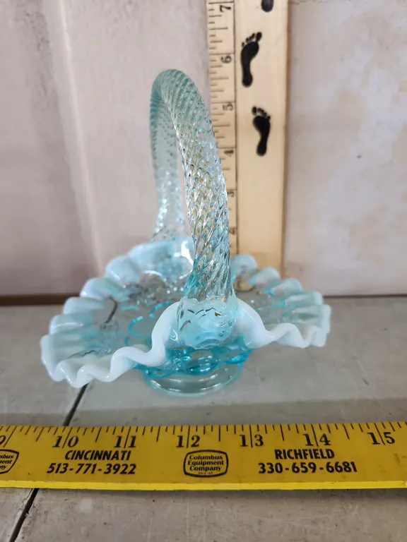 Vintage Fenton Blue Opalescent Inverted Strawberry Glass Basket 5.75"X4.5"X5.25"