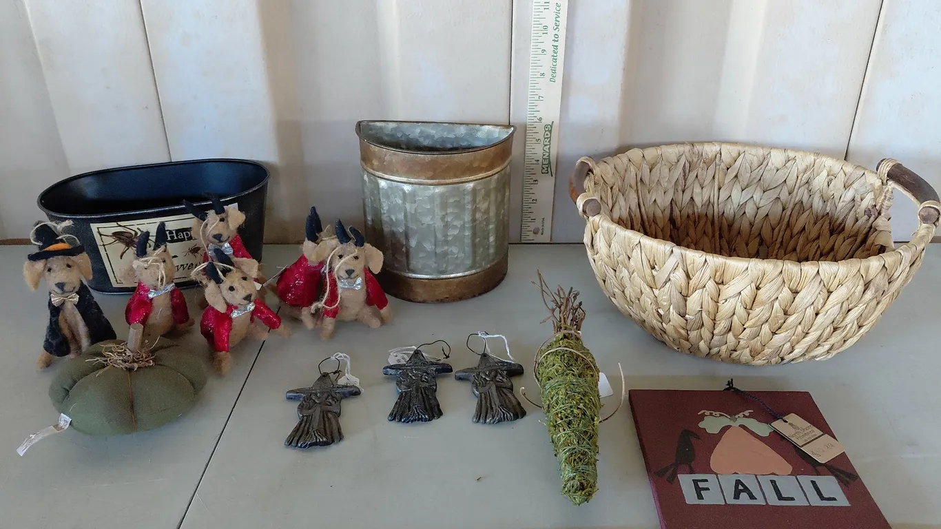 Basket, Halloween Ornaments, Metal Buckets, Etc.