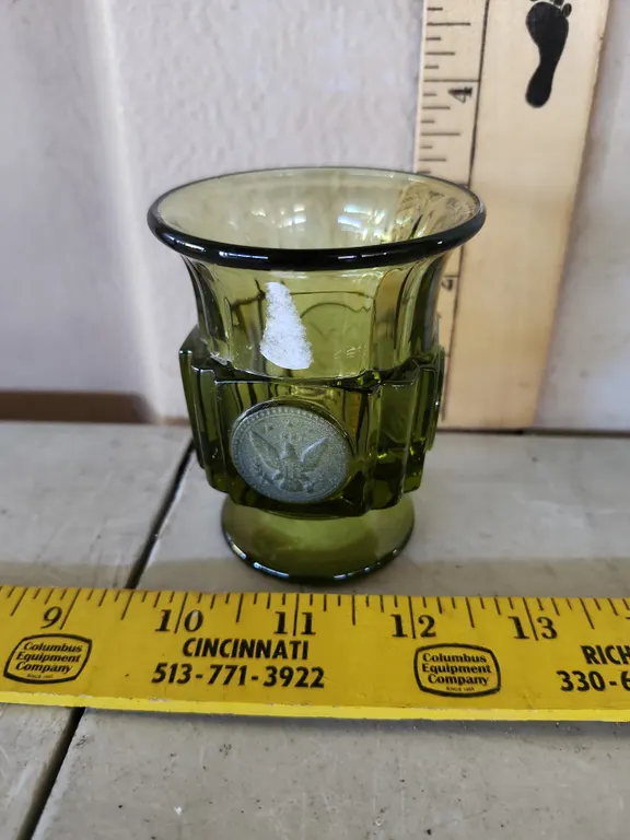Vintage Fostoria Avocado Green Coin Footed Cigarette Urn/Toothpick Holder