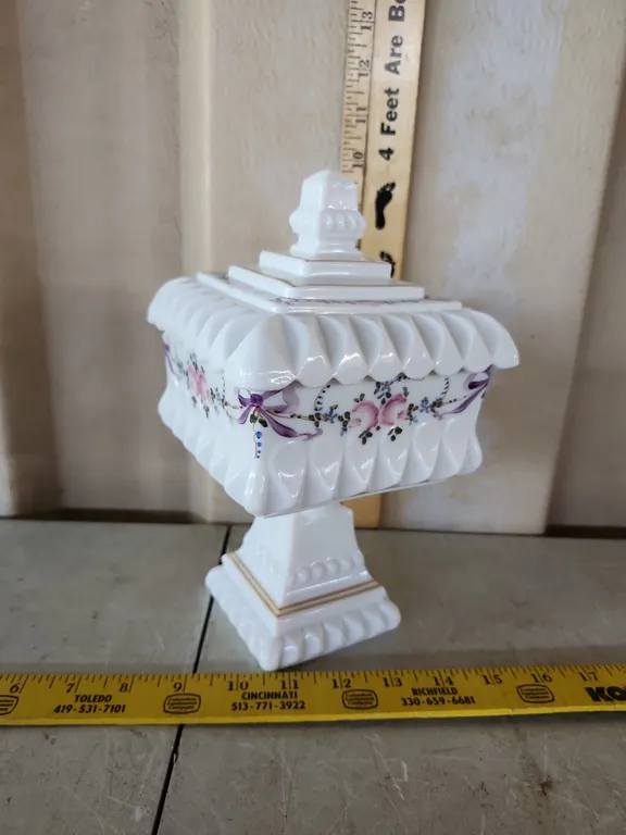 Vintage Westmoreland Milk Glass Wedding Cake Candy Dish Hand Painted 5.5"X5.5"X9.25"