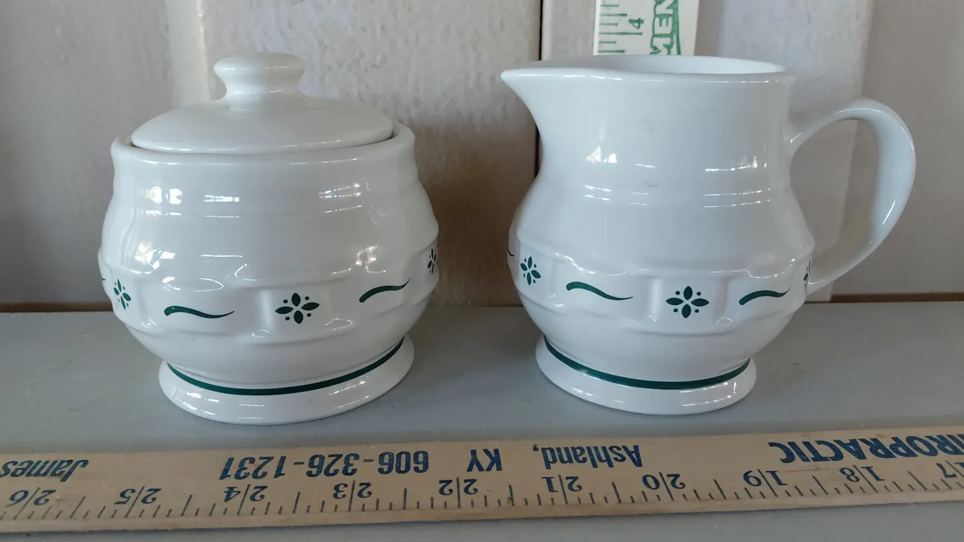 Longaberger Pottery Sugar & Creamer Green Woven Traditions Pattern'