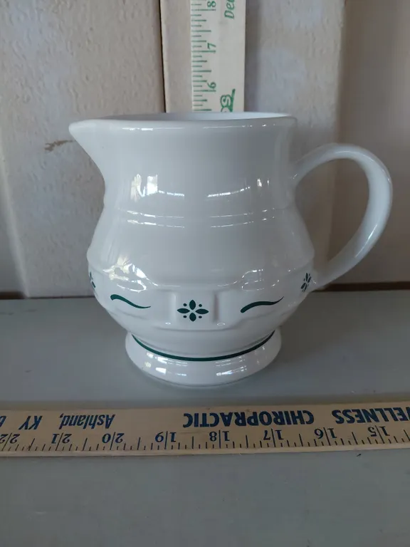 Longaberger Pottery Pitcher Green Woven Traditions Pattern 5.75"