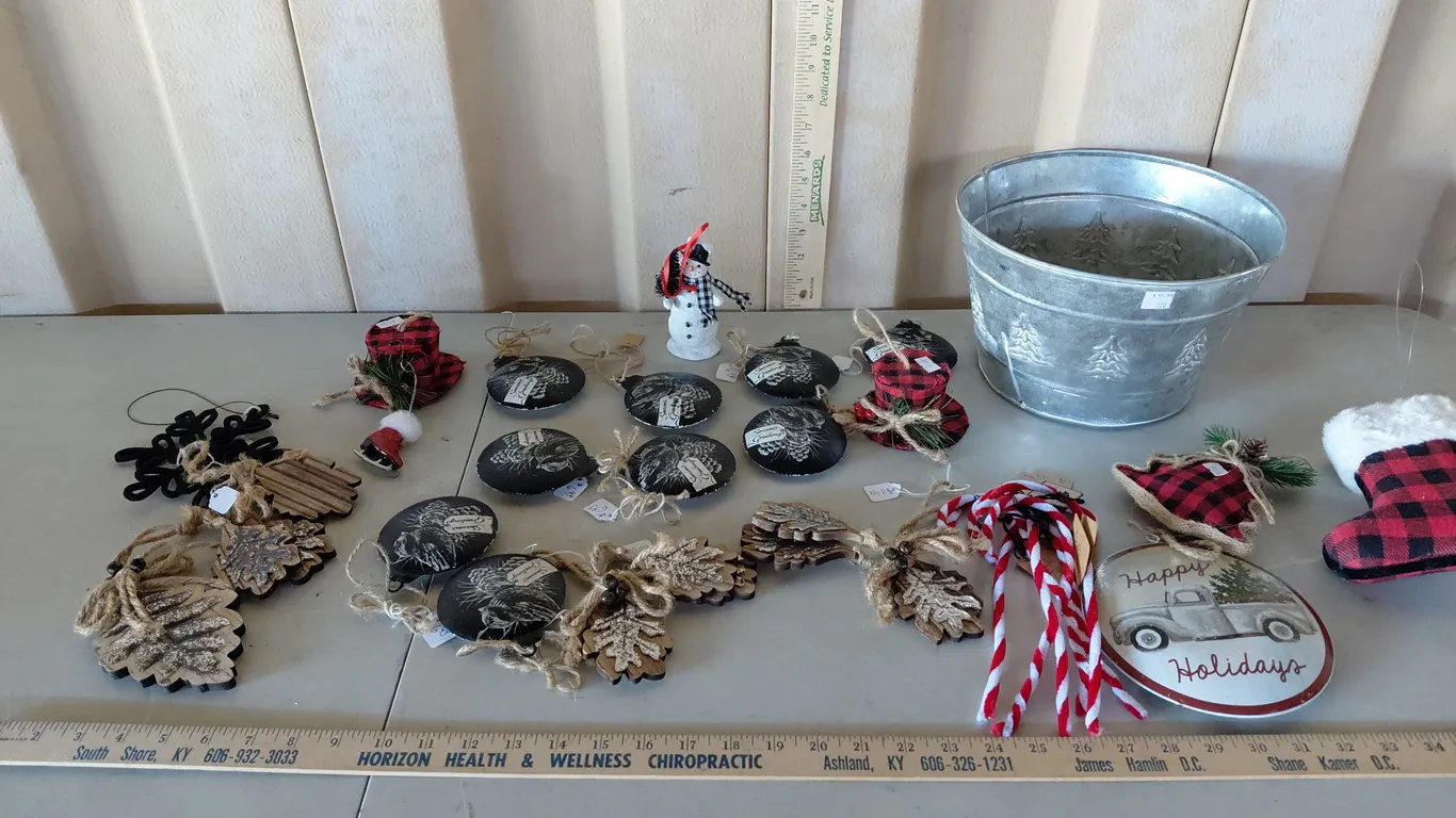 Galvanized Bucket & Assorted Ornaments