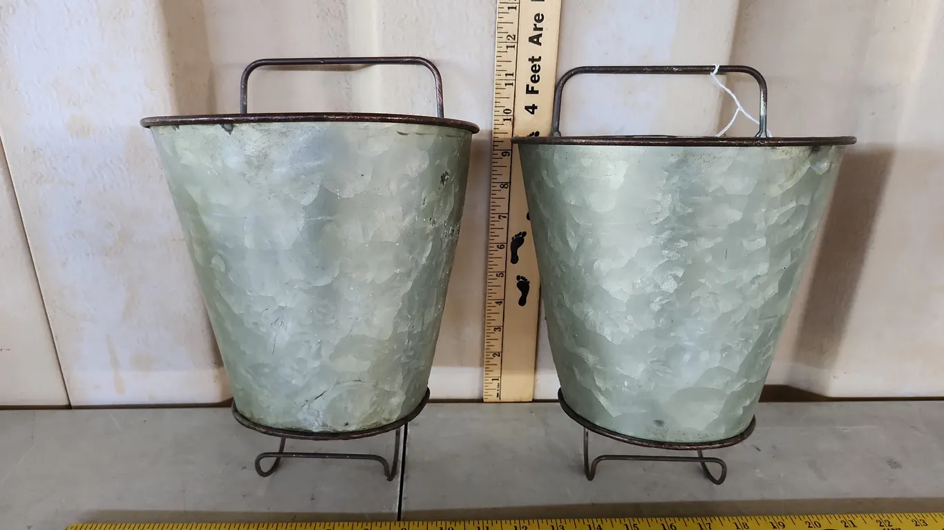 2 Galvanized Wall Pocket Buckets W/Hanger 8.5"X6"X12"
