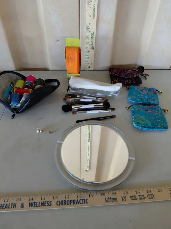 Sewing Items, Mirror, Makeup Brushes, Donna Sharp Quilted Wallet, Yoga Strap, Etc.