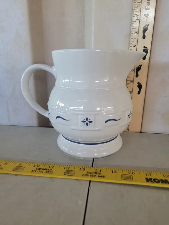 Longaberger Pottery Pitcher Blue Woven Traditions Pattern 7.5" Tall