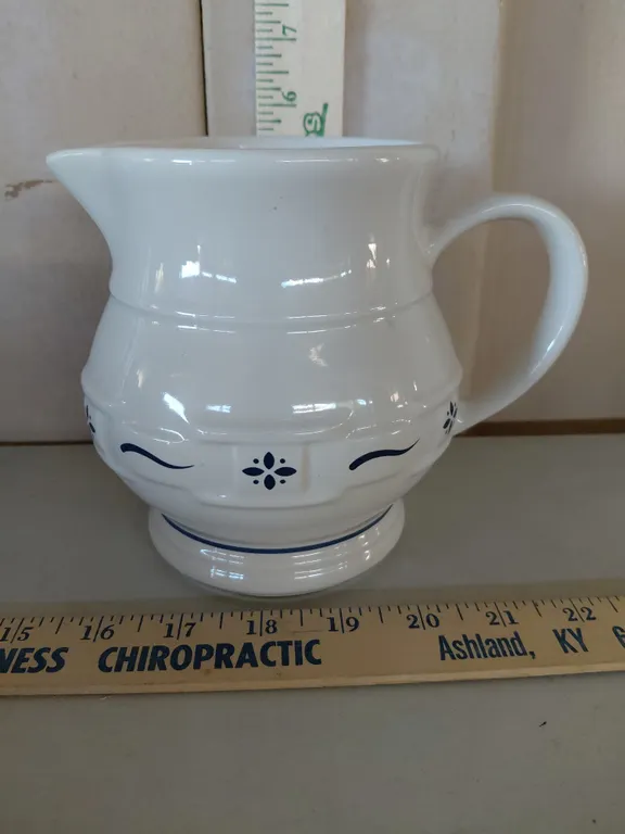 Longaberger Pottery Pitcher Blue Woven Traditions Pattern 5.75"