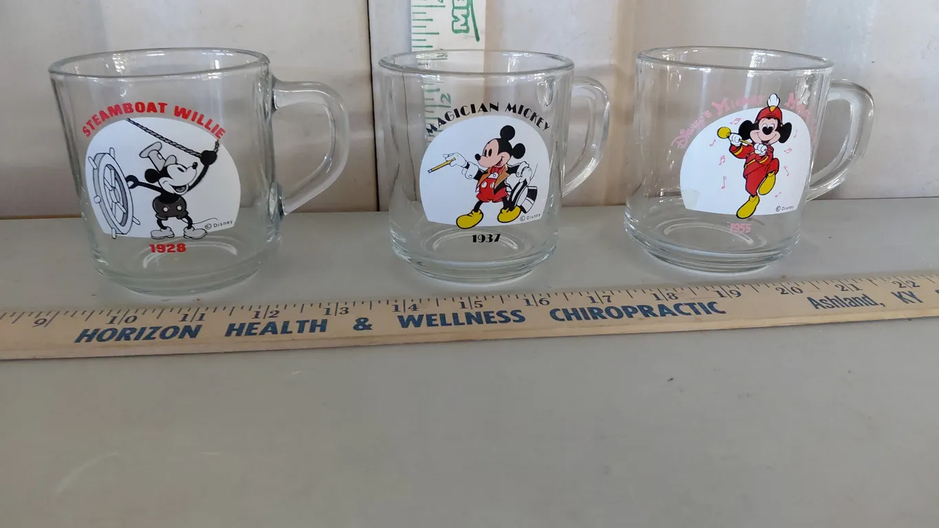 Vintage Anchor Hocking Disney Mickey Cups 1928, 1937, & 1955