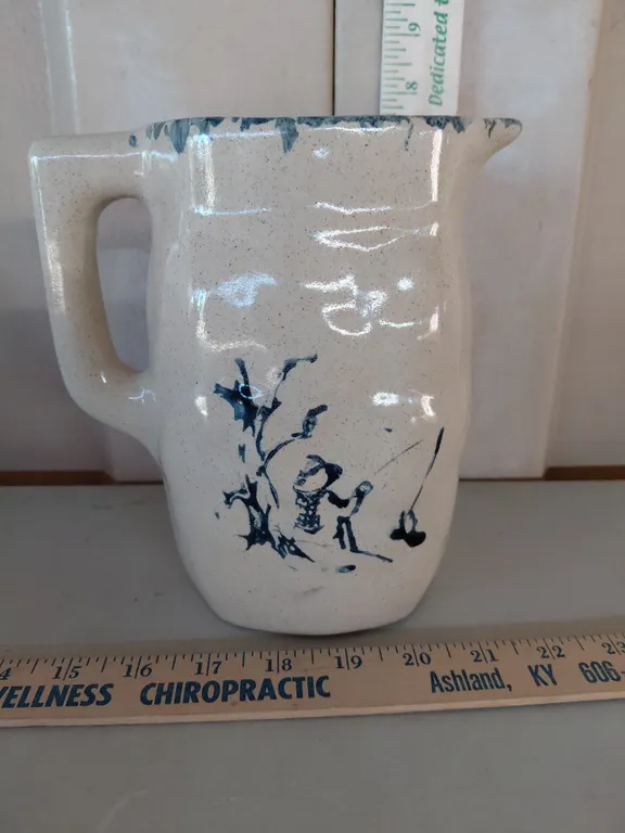 Vintage BB Handmade Pottery Pitcher Boy/Man Fishing Scene 7.5"