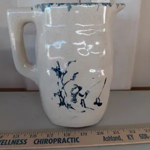 Vintage BB Handmade Pottery Pitcher Boy/Man Fishing Scene 7.5"
