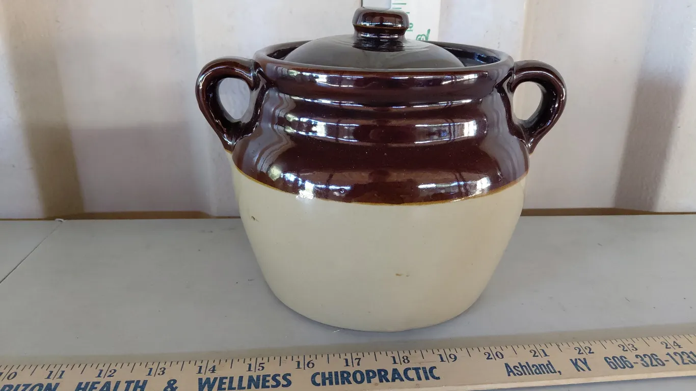 Vintage Crock Bean Pot Brown Glaze 9"X7"X6.5"