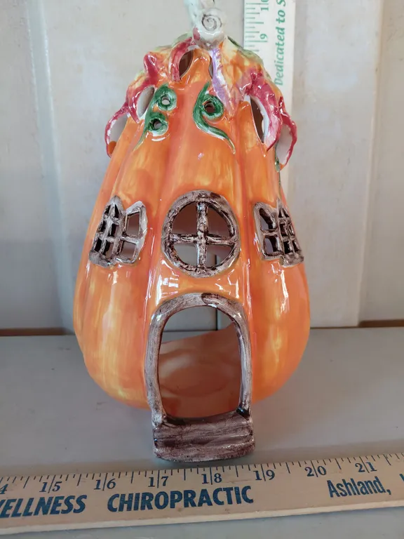 Ceramic Pumpkin House Candle Lantern 9.5" Tall
