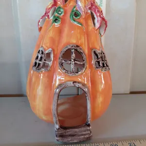 Ceramic Pumpkin House Candle Lantern 9.5" Tall