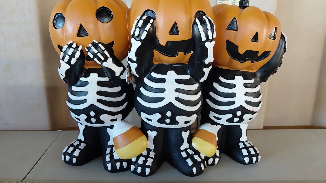 Charmed Resin Pumpkin Skeletons 13"X5"X10" "Say No Evil, See No Evil, Hear No Evil"