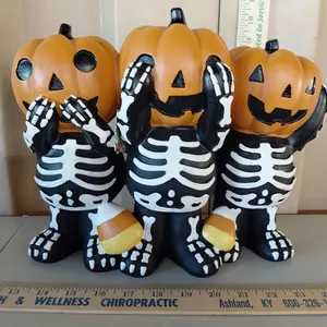 Charmed Resin Pumpkin Skeletons 13"X5"X10" "Say No Evil, See No Evil, Hear No Evil"