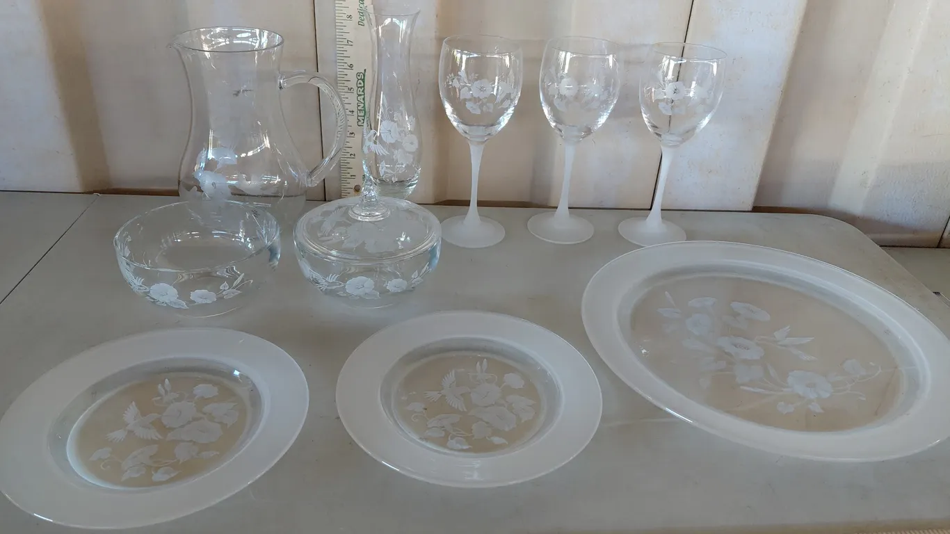 Vintage Avon Etched Glass Hummingbirds & Flowers Pitcher, Glasses, Vase, Trinket Dishes, & Plates