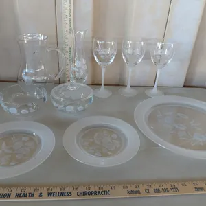 Vintage Avon Etched Glass Hummingbirds & Flowers Pitcher, Glasses, Vase, Trinket Dishes, & Plates