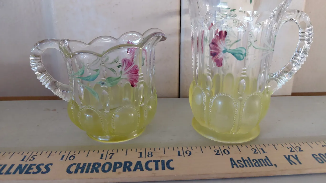 Vintage/Antique U.S. Glass Co. Michigan Pattern Hand Painted Creamer & Cup