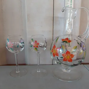 Hand Painted Hand Blown Glass Decanter & 2 Stemware Glasses