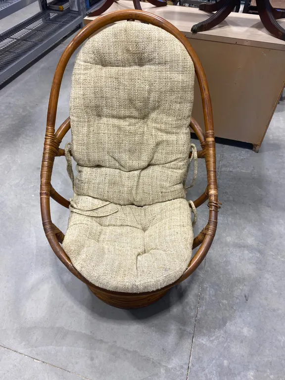 Vintage 1970s Rattan Swivel Rocker Chair with Original Tufted Cushion