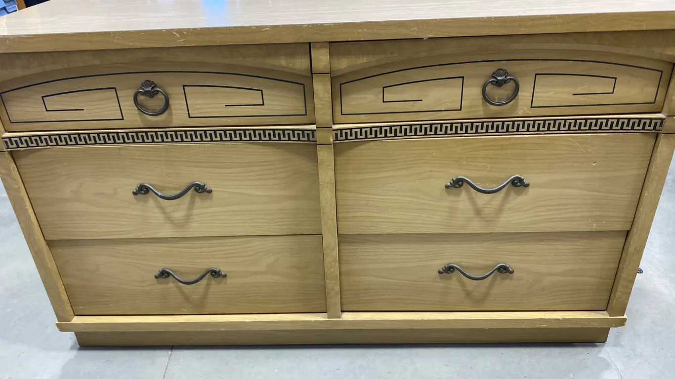 Vintage Bleached Walnut 6-Drawer Dresser – Greek Key & Ring Pull Accents